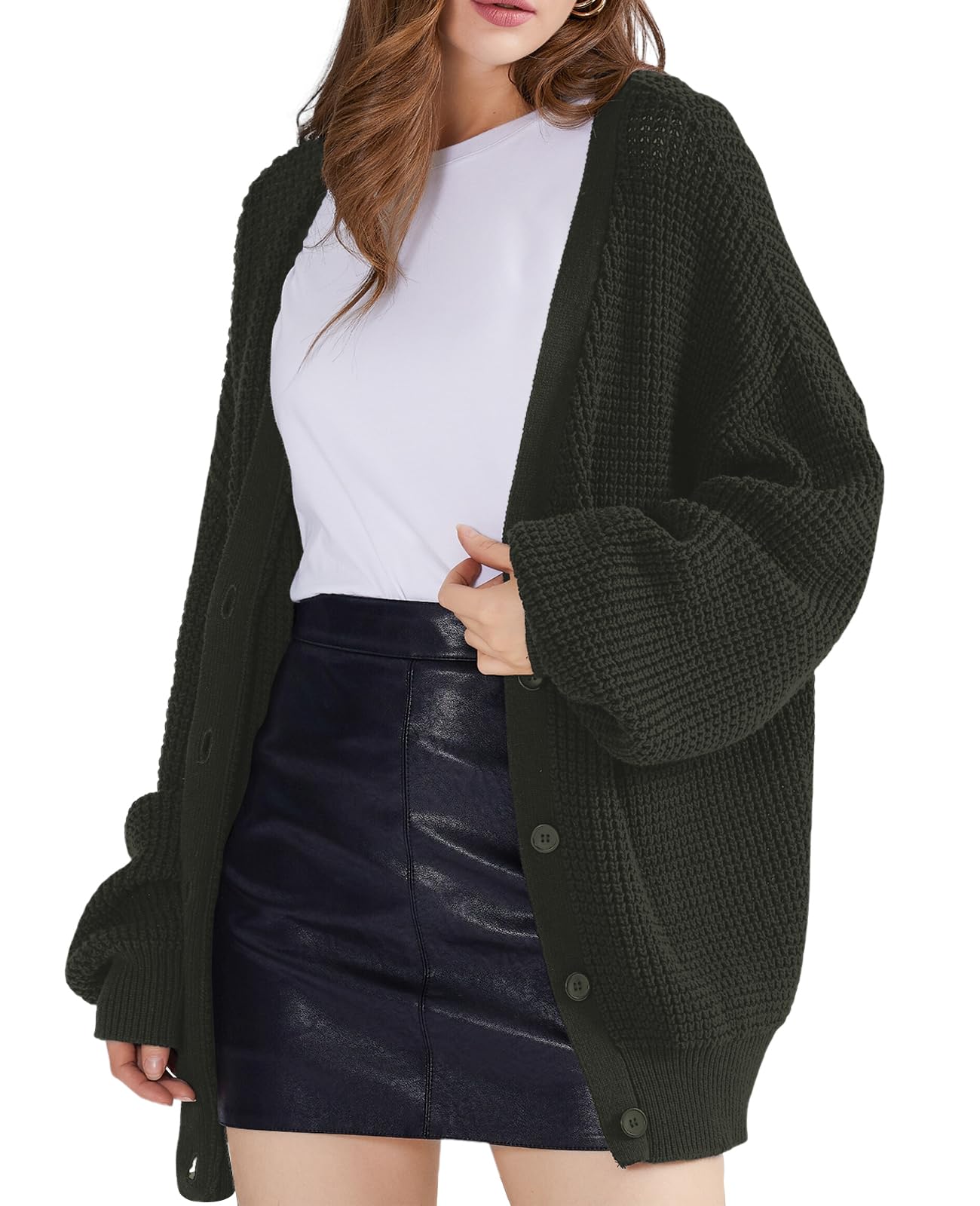 QUALFORT Cardigan Sweaters for Women 100% Cotton Button-Down Long Sleeve Oversized Knit Coatigan Jackets Green Large