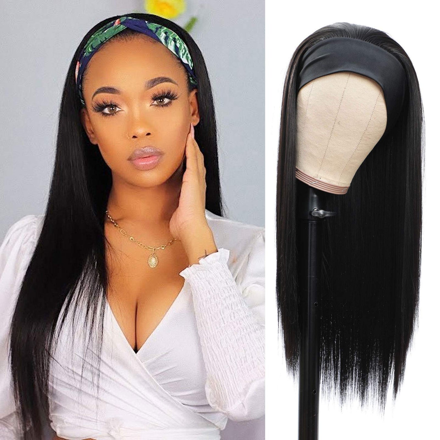 G&T Headband Wig For Women Black Straight Synthetic Headband Wig Glueless Heat Resistant Natutal Looking For Daily Party Use 24