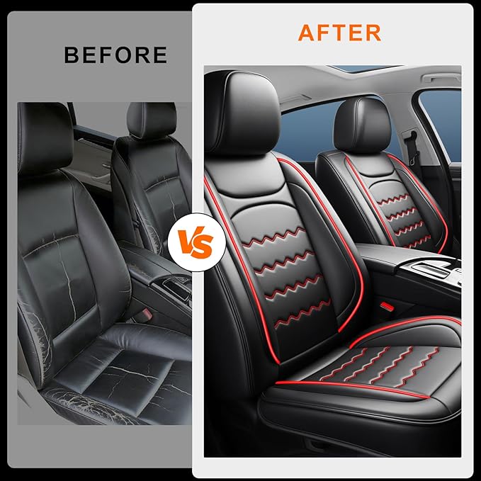 CX-70 Car Seat Covers Fit for Mazda CX-70 2025-2026, Full Coverage Premium Leather Waterproof Breathable Seat Covers, Automotive Seat Protectors, Airbag Compatible(2 Front Seats, Black & Red)