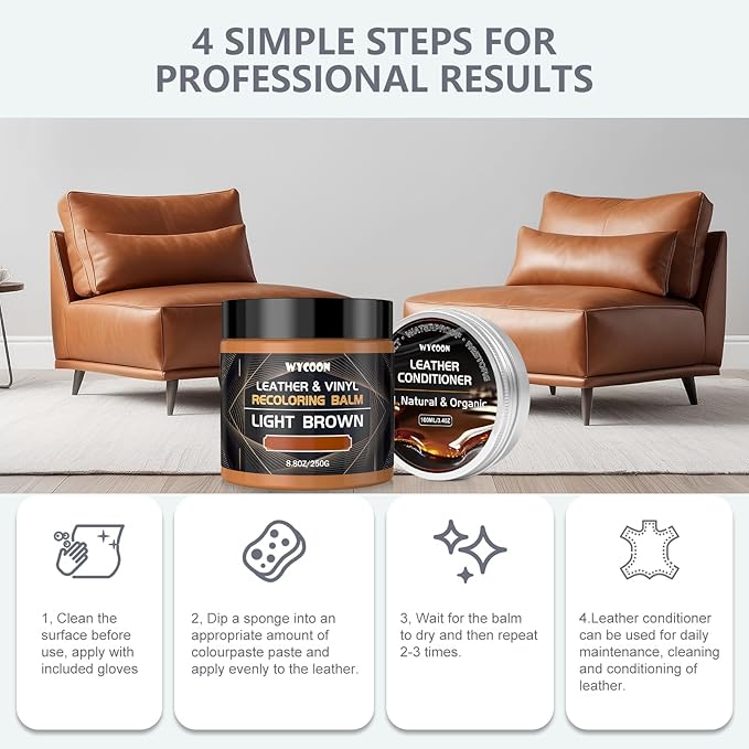 Leather Recoloring Balm with 100ml Mink Oil Conditioner | Beige Repair Kit, Dye & Color Restorer for Furniture, Sofa, Car Seats, Bags | Restore Faded & Scratched Surfaces