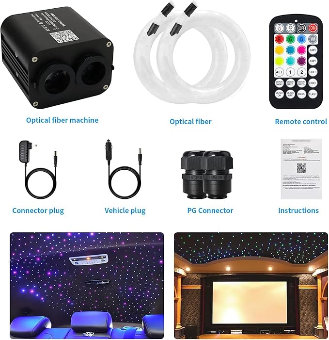 AMKI Dual Color 20W Twinkle Starlight Headliner Kit Mixed 710pcs*13.1ft Cables Fiber Optic Light Sound Activated APP/Remote Control for Car Roof Home Ceiling