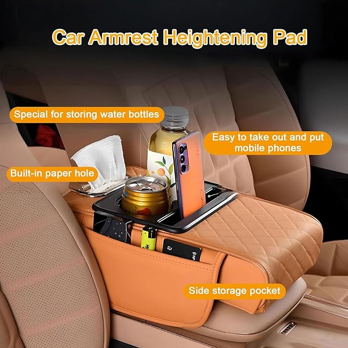 Car Armrest Cushion for Toyota Crown Majesta VI 2009-2015 2016 2017 2018, Car Center Console Cover Armrest Pad with Cup Holder and Tissue Box, Car Accessories,Beige