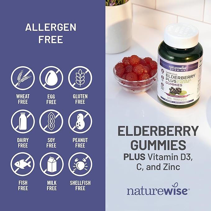 NatureWise Sambucus Elderberry Gummies - Immune Support Supplement for Kids Ages 4+ & Adults with Vitamin C, D3, Zinc - Elderberries Equivalent to 3520mg - Vegan, Non-GMO - 180 Count[90-Day Supply]
