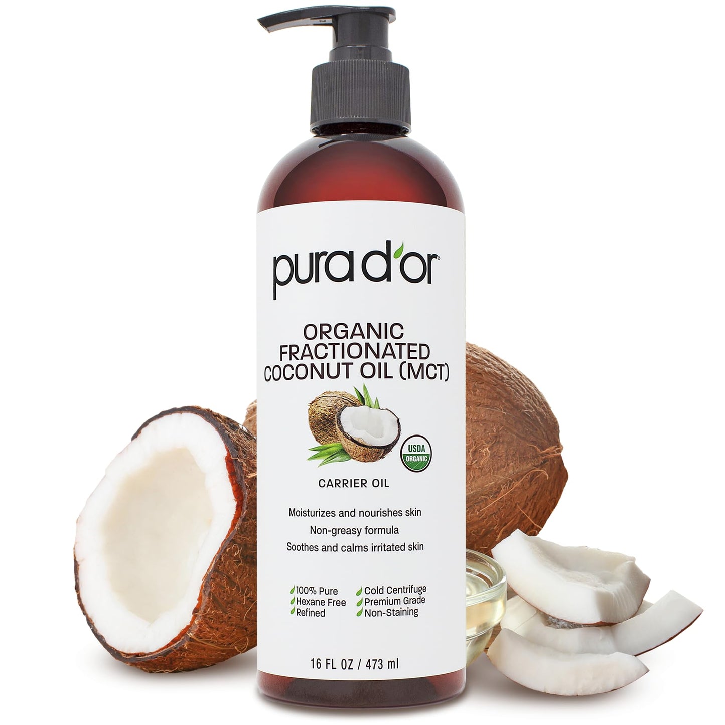 PURA D'OR 16 Oz ORGANIC Fractionated Coconut Oil - MCT Oil - 100% Pure & Natural USDA Certified Cold Pressed Carrier Oil - Unsce