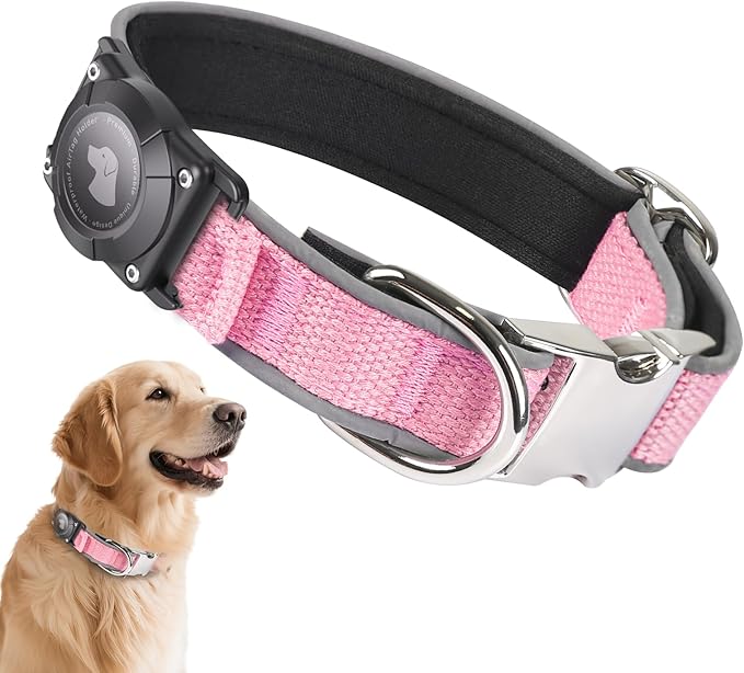Waterproof Airtag Dog Collar - Nylon Collar with Durable Airtag Holder, Reflective&Anti-Lost with Safety Metal Buckle, Soft Padded Adjustable for Small Medium Large Dogs Pink M