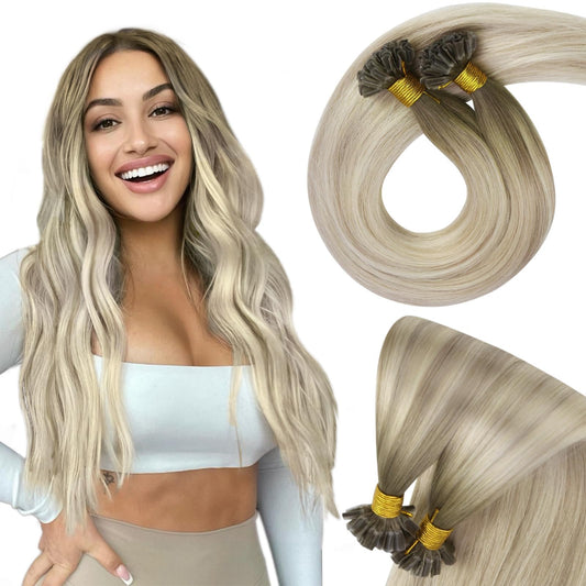 Sunny Blonde U Tip Hair Extensions Human Hair Hot Fusion U Tip Hair Extensions Ombre Cool Ash Grey Balayage Platinum Blonde U Ti
