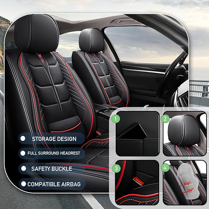 Leather Car Seat Covers Fit for Toyota FJ Cruiser 2002-2024, 5 Seater Car Seat Cover, Premium Waterproof, Scratch Resistant Car Interior Accessories (Full Set Black Red)
