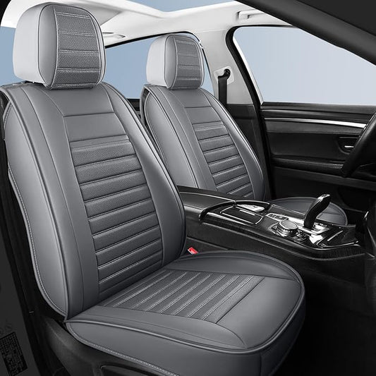 Leather Car Seat Covers, Waterproof Horizontal Stripes Front and Rear Car Seat Cover, Breathable Automotive Seat Covers for Sedan SUV Pick-up Truck (5 PCS Full Set, Grey)