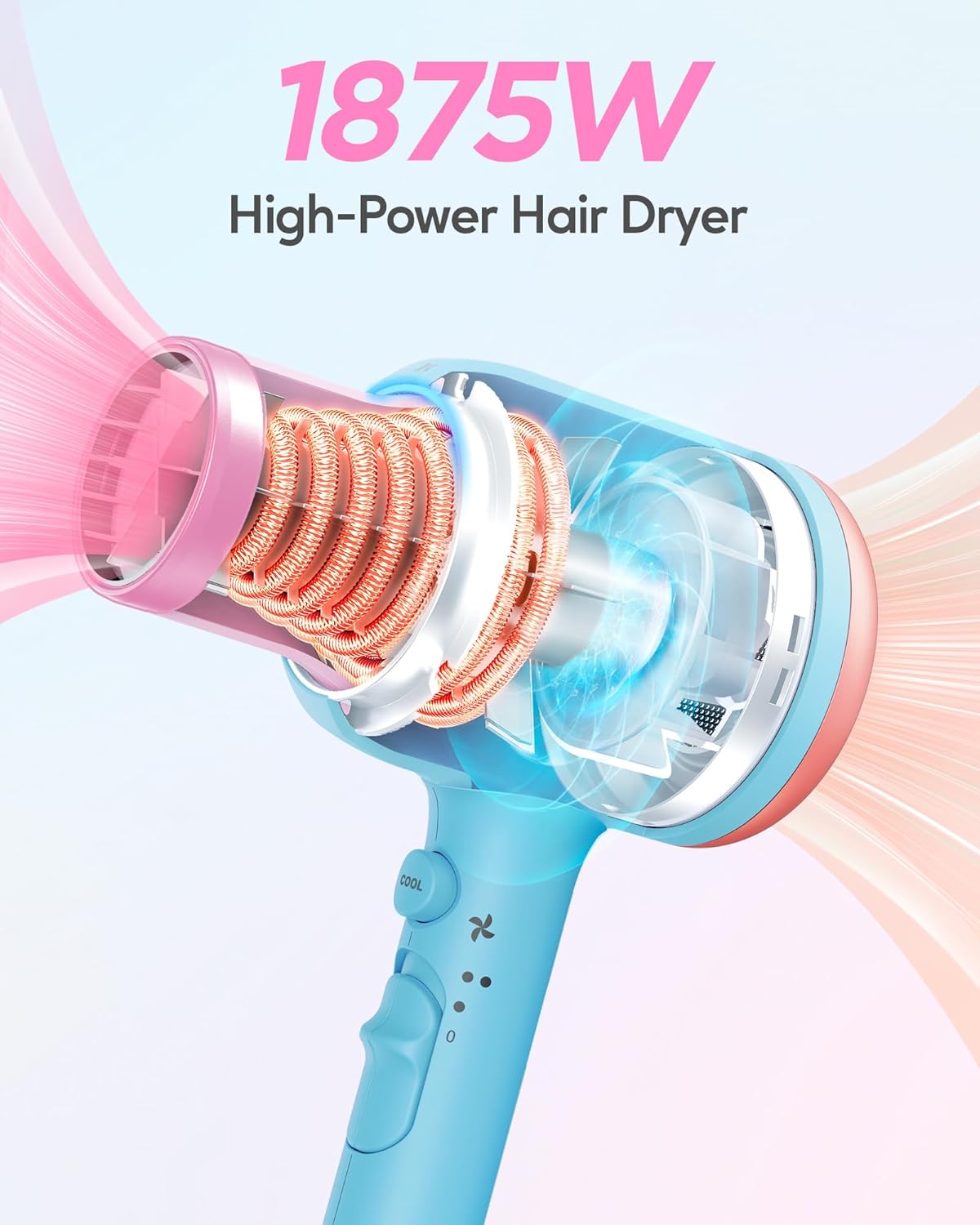 Ionic Hair Dryer for Curly Hair | 1875W Fast Drying | Diffuser & Attachments | Rose Gold