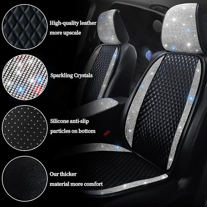 Bling Crystal Rhinestones Car Front Seat Covers for Womens Shining Diamond Seat Protectors, Anti-Slip Bottom Seat Cushion Covers for Auto Universal Fit Interior Accessories White 2Seats