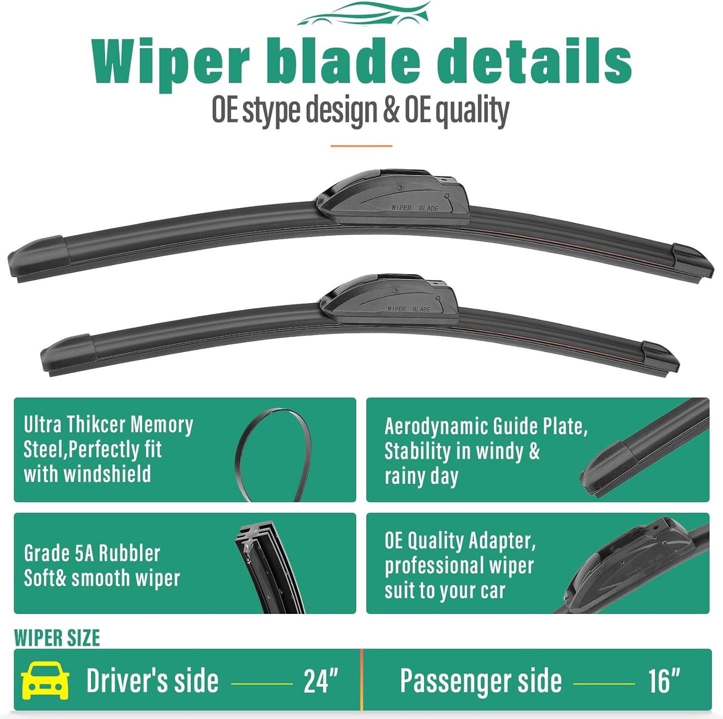 24" 16" 12" Windshield Wiper Blades Replacement for Hyundai Tucson 2005 2006 2007 2008 2009 Premium All Weather Front Rear Wipers Set - OEM Quality (Pack of 3)