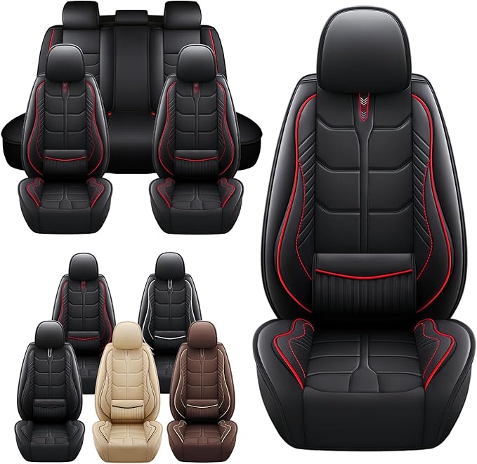 Leather Car Seat Covers Fit for Toyota Prius Prime 2017-2024, 5 Seater Car Seat Cover, Premium Waterproof, Scratch Resistant Car Interior Accessories (Full Set Black Red)