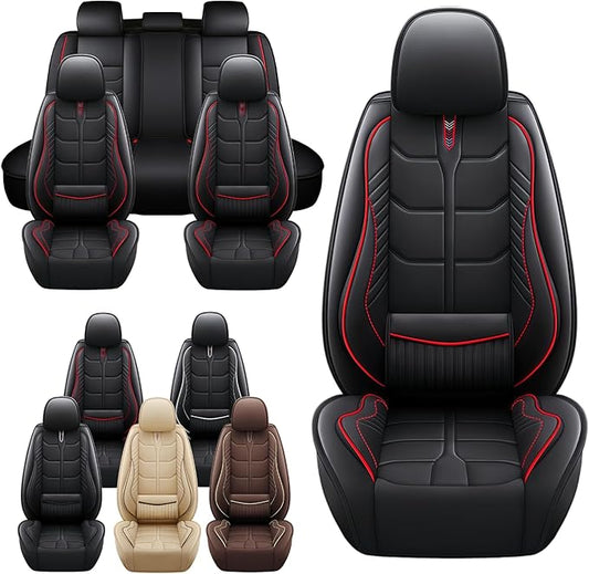 Leather Car Seat Covers Fit for Toyota RAV4 Hybrid 2016-2024, 5 Seater Car Seat Cover, Premium Waterproof, Scratch Resistant Car Interior Accessories (Full Set Black Red)
