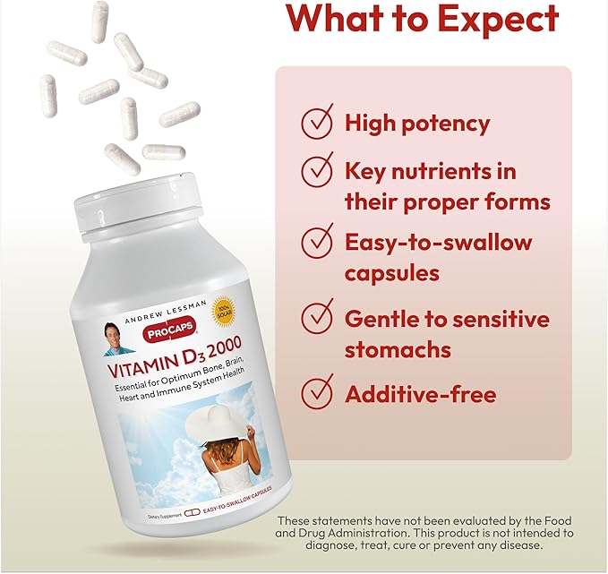 ANDREW LESSMAN Vitamin D3 2000 IU 360 Capsules - High Potency, Essential for Calcium Absorption, Supports Bone Health, Healthy Muscle Function, Immune System, More. Small Easy to Swallow Capsules