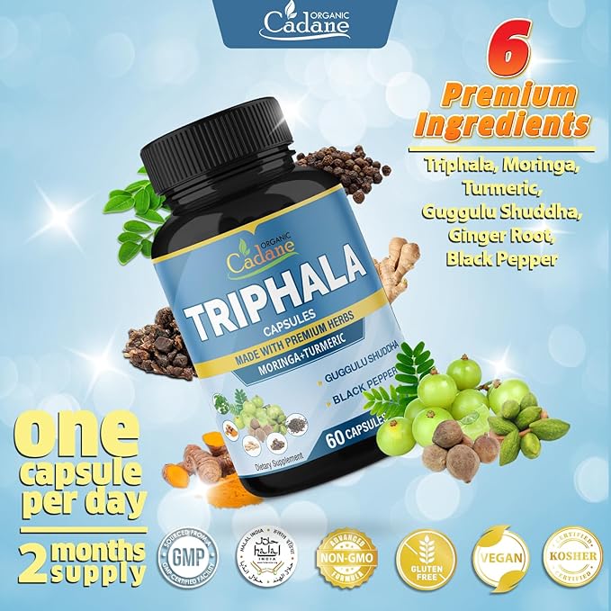 Organic Cadane Triphala Extract Capsules & Turmeric, Guggul, Ginger, Black Pepper, Moringa - Complex Supplement Herbs