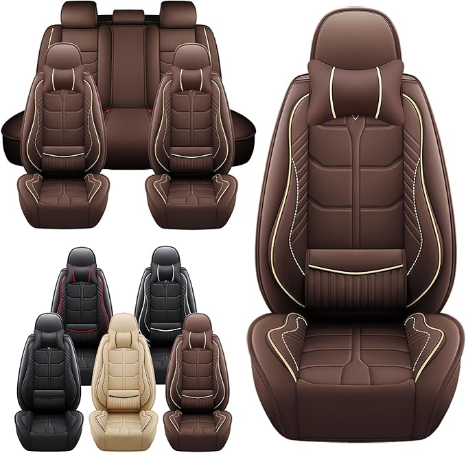 Leather Car Seat Covers Fit for Toyota Yaris 2007-2020, 5 Seater Car Seat Cover, Premium Waterproof, Scratch Resistant Car Interior Accessories (Full Set with Pillow Coffee)