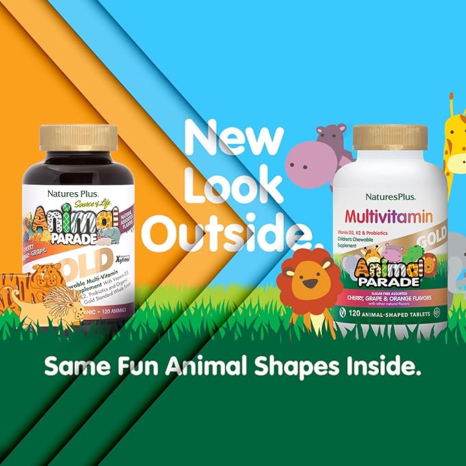 NaturesPlus Animal Parade Gold Children's Multivitamin - Assorted Cherry, Orange & Grape Flavors - 120 Animal-Shaped Chewable Tablets, Pack of 3 - Vegan, Gluten Free - 180 Total Servings
