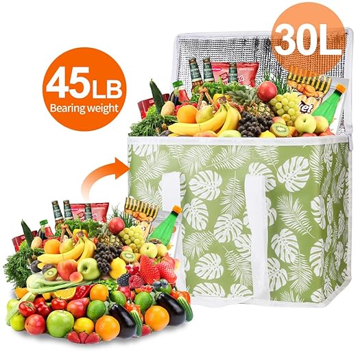 Bodaon 3-Pack Insulated Reusable Grocery Shopping Bags, X-Large Picnic Cooler Bag with Secure Top Cold, Green-Leaf