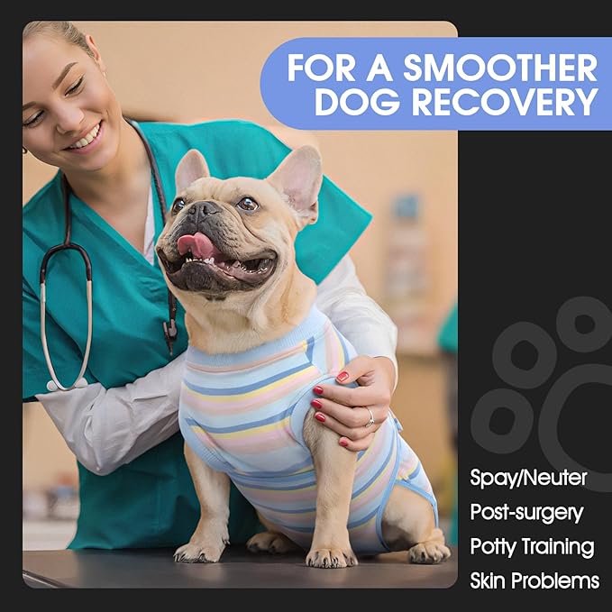 FUAMEY Recovery Suit for Dogs After Surgery,Soft Breathable Dog Bodysuit E-Collar & Cone Alternative Surgical Suit,Male Female Dog Neuter Spay Suits Anti Licking Wounds Onesie Blue Yellow Stripes S
