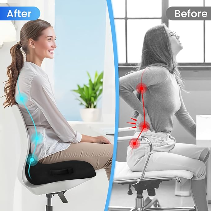 Seat Cushion, Memory Foam Office Chair Seat Cushion for Office Chairs/Car/Long Trip/Desk Chair/Gaming, X-Large Size for Sciatica & Hip & Tailbone Pain Relief, Sciatica Support (Black)