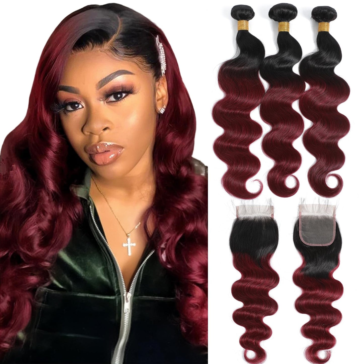 Kapelli Hair 10A Ombre Brazilian Human Hair With Closure (18 20 22+16) Brazilian Human Hair 3 Bundles With Closure Brazilian Bod
