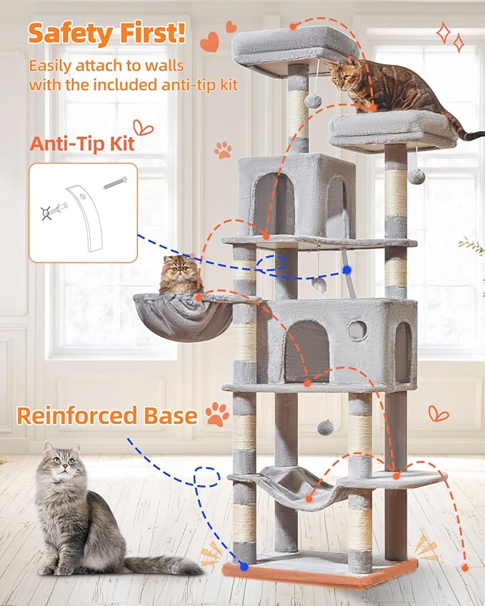 Taoqimiao Large Cat Tree，73-Inch Cat Tree Tower with 9 Scratching Posts for Indoor Cats, 2 Large Cat Condo with Hammock, Hanging Basket, 2 Extended Platform, Light Gray MS013XLW