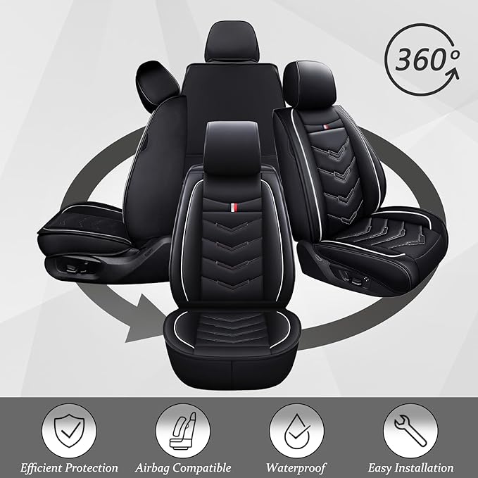 Car Seat Cover 6 Seats for Ford Explorer 2000-2026, Waterproof Durable Compatible Airbag, Premium Leather Seat Protector(6 Seats Luxury,Black White)