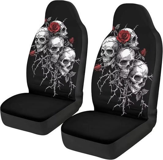 Halloween Skull Rose Car Seat Covers 2 Pcs Universal Front Car Seats Breathable Stretch Polyester Fabric Cover Easy Installation Suitable for Cars, SUV and Trucks