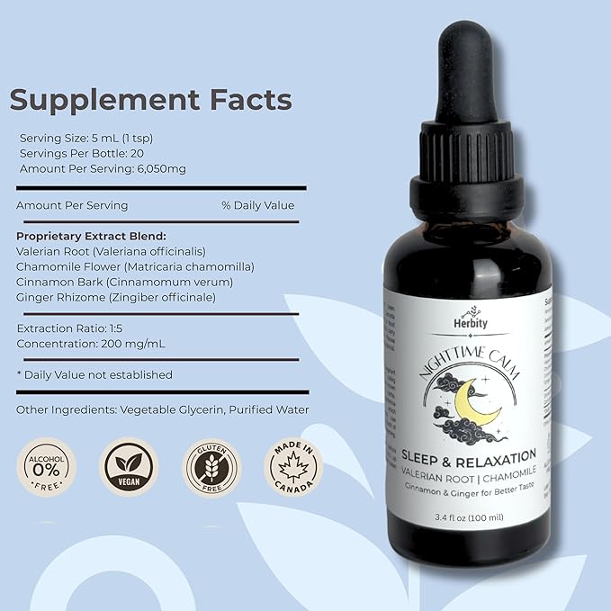 Nighttime Calm – Valerian & Chamomile Sleep Drops with Cinnamon & Ginger – Alcohol-Free Herbal Tincture for Relaxation & Wind-Down (3.4 fl oz)