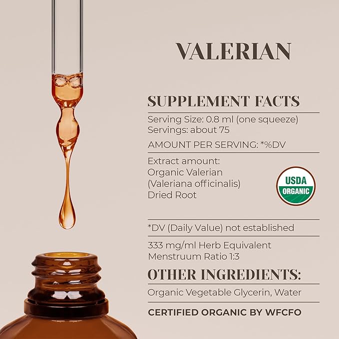 Valerian USDA Organic Alcohol-Free Extract | Dietary Supplement, High-Potency Tincture | Natural Certified Organic Valerian (Valeriana officinalis) Dried Root (2 oz)