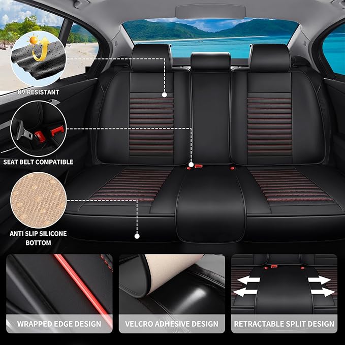 Car Seat Covers Full Set Fit for Toyota C-HR 2018-2022, Premium Faux Leather Car Seat Protector,Breathable Anti-Slip Full Wrapping Edge Seat Covers(Black&Red,Full Set)