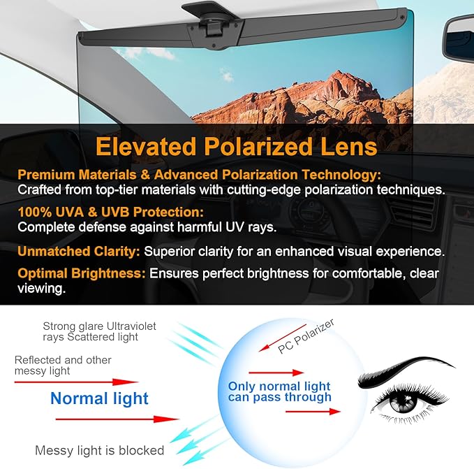 Veharvim Sun Visor Extender for Cars, Polarized Car Visor Extender Sun Blocker UV400, Adjustable Visor Extension, Clip on Sun Visor for Car, Universal, Glare, UV Protector (Large(1 Pack))