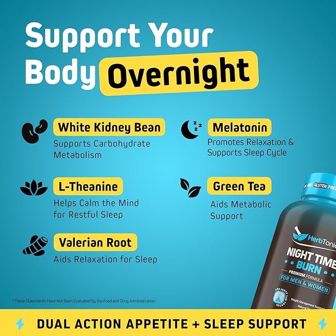 Herbtonics Night Time Weight Supplement & Sleep Aid – Dual-Action Metabolism & Appetite Support | Melatonin, L-Theanine, Lemon Balm, Green Tea Extract | GLP-1 Support | 60 Vegan Capsules
