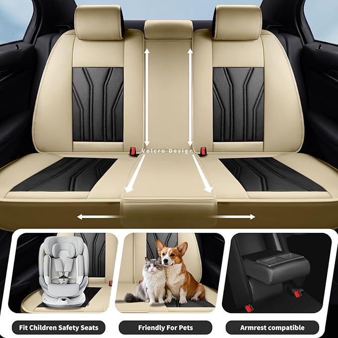 Fit Leaf Car Seat Covers Compatible with Nissan Leaf 2012-2025 2026 - Full Set Premium Leather， Waterproof Breathable， All-Weather Seat Cushion Protecto&Airbag Compatible （Beige & Black