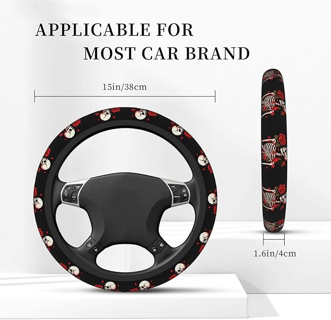 Ouqiuwa Red Rose Skeleton Steering Wheel Cover Women, Comfortable Elastic Steering Car Wheel Cover Fit 15 inches Universal Accessories Suvs Trucks Decor