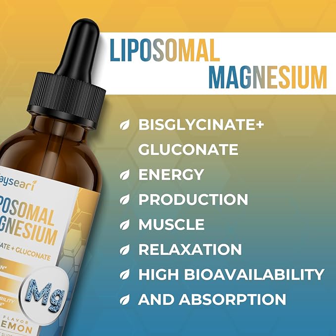 High Strength Liposomal Magnesium Drops, Easily Absorbed Chelated Forms of Magnesium Bisglycinate and Magnesium Gluconate, 60ML Lemon Flavored Liquid Drops