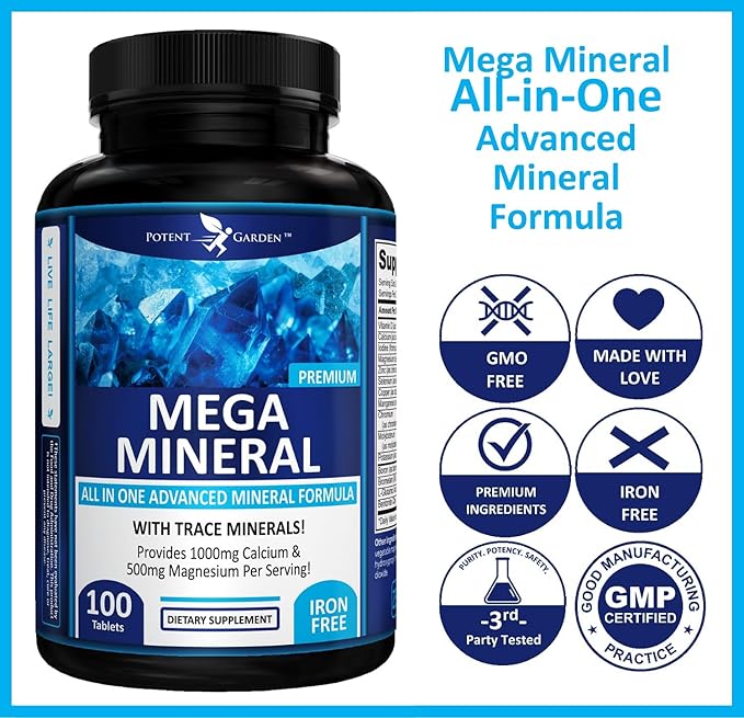 Potent Garden 2-Pack Mega Mineral Supplement Complete Mineral Complex with Calcium Magnesium Zinc Potassium Boron Selenium Chromium & 72 Trace Minerals Iron Free Calcium Supplement -200 Pills