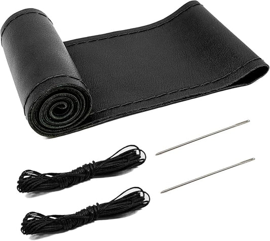Direct PU Leather Steering Wheel Cover, 15 Inch Non-Slip Breathable/Soft and Comfortable Feeling, Genuine PU Leather Stitch On Wrap for Car Truck SUV - DIY Sewing with Needle Thread (Black)