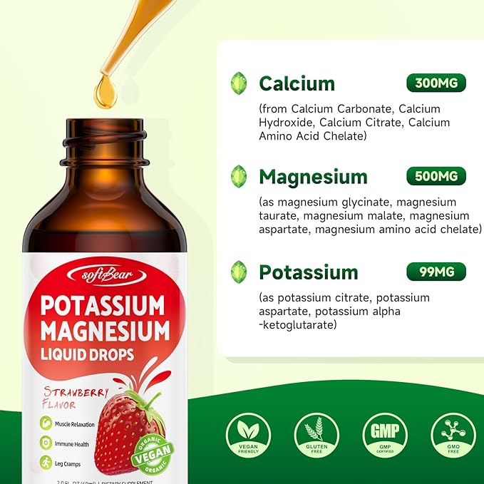 softbear Potassium Magnesium Liquid Drops, High Absorption Calcium Magnesium Potassium Liquid for Bone & Muscle Health Liquid Potassium and Magnesium Supplement Drops Strawberry Flavor 2 Fl Oz