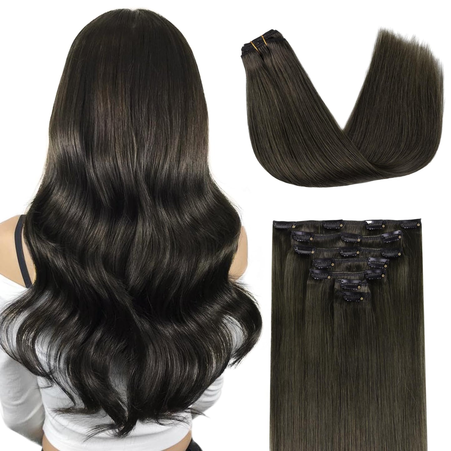 Doores Clip In Hair Extensions Human Hair Extensions, Mocha Brown 16 Inch 7Pcs 120G, Real Hair Extensions Remy Natural Human Hai
