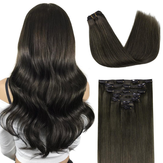 Doores Human Hair Extensions Clip Ins, Mocha Brown 14 Inch 7Pcs 120G, Clip In Remy Hair Extensions Natural Human Hair Extensions