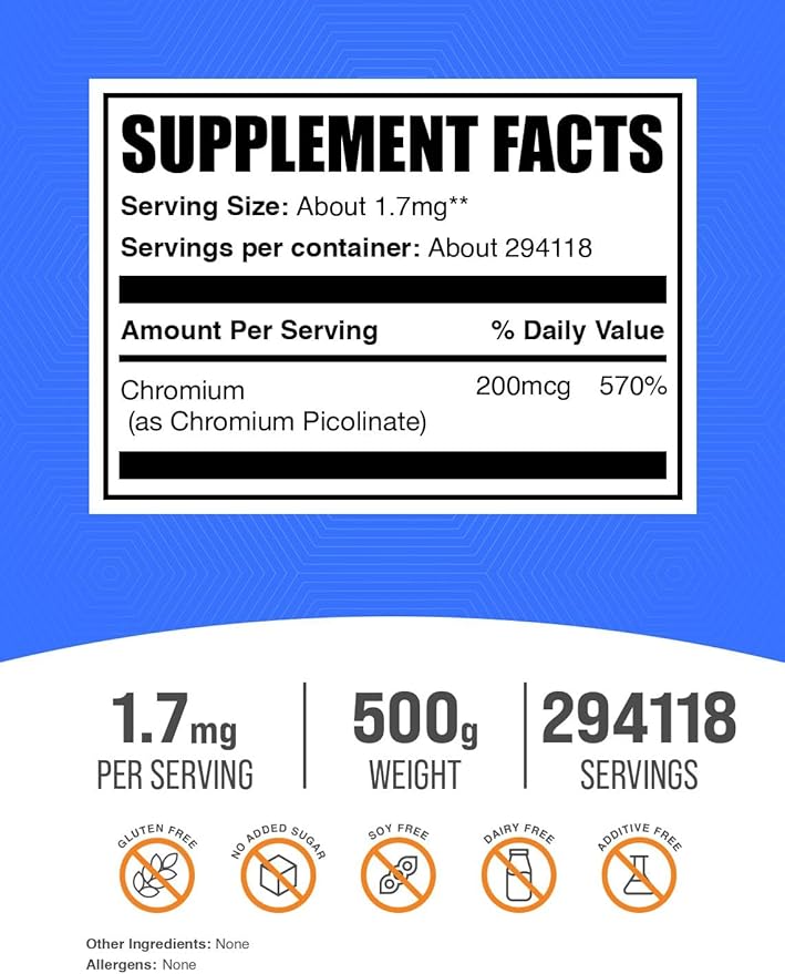 BulkSupplements.com Chromium Picolinate 200mcg Powder - Mineral Supplements - Gluten & Yeast Free, 200mcg of Chromium per Serving, 500g (1.1 lbs) (Pack of 1)