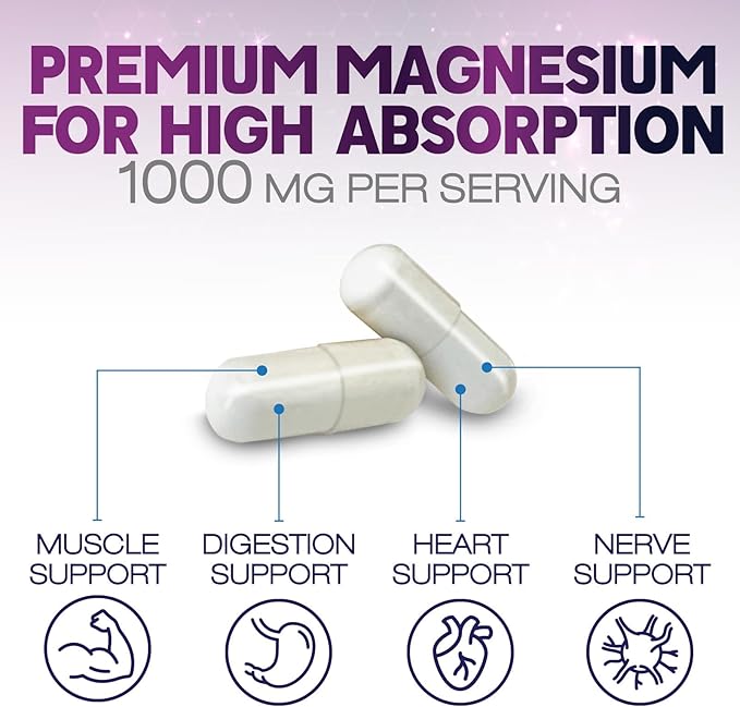 Magnesium Citrate Capsules 1000mg - Max Absorption Magnesium Powder for Muscle, Nerve, Bone and Heart Health Support, High Absorption Citrate Complex, Gluten Free, Non-GMO - 240 Capsules