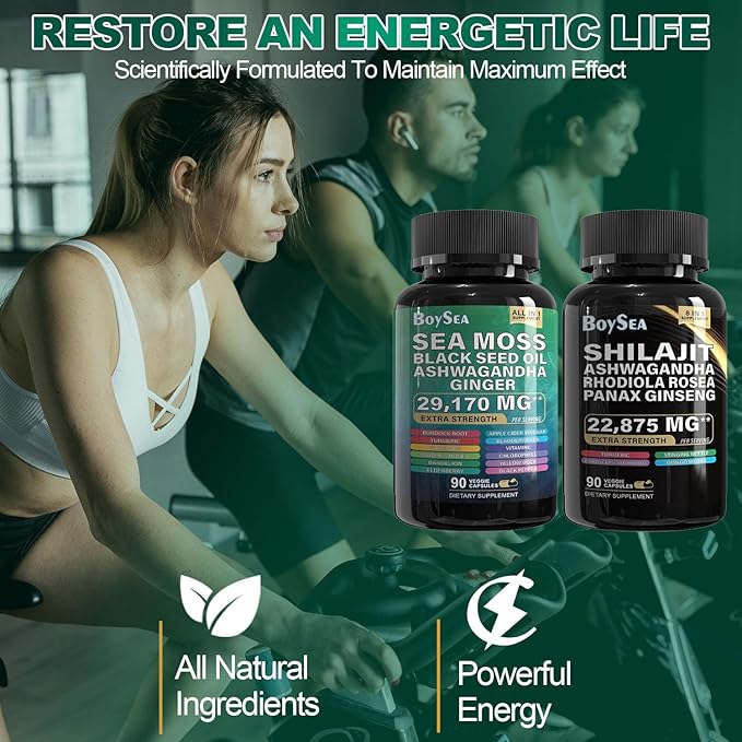 Boysea.Shilajit and Sea Moss Bundle - 90 Count - Sea Moss 7000mg, Black Seed Oil 4000mg, Ashwagandha 2000mg, Ginger & Shilajit 9000mg, Rhodiola Rosea 1000mg, All in 1 Supplements (3 Pack)