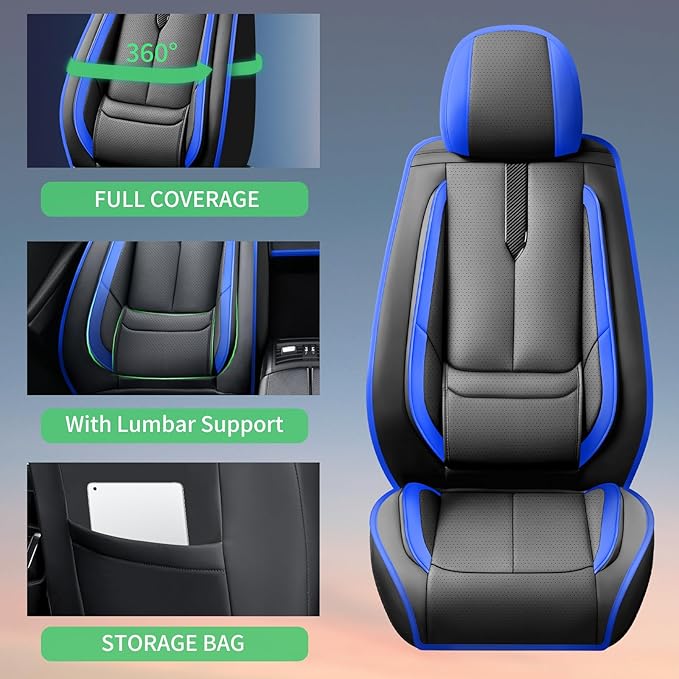 Fit Accord Car Seat Covers for Honda Accord 2003-2024 2025 2026 -Upgraded Premium Waterproof & Breathable Leather,Airbag Compatible,All-Weather Seat Cushion Protector,2 Front/Black-Blue