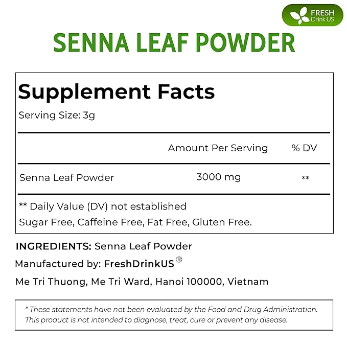 FRESHDRINKUS, Premium 16oz Senna Leaf Powder, 100% Natural and Pure from Senna Leaves, No Additives, No Gluten, No Sugar, Vegan