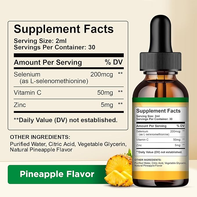 Selenium Liquid Drops, 200mcg Liquid Selenium Supplement with Vitamin C & Zinc, Support for Immune System, Antioxidant & Heart Health, High Absorption, Pineapple Flavor, 2 Fl Oz