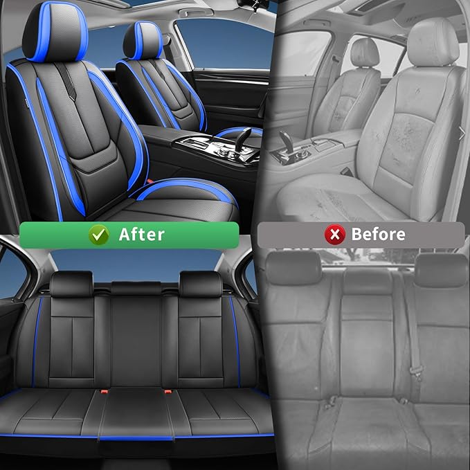 Fit Avalon Car Seat Covers for Toyota Avalon 2001-2024 2025 2026 -Upgraded Premium Waterproof & Breathable Leather,Airbag Compatible,All-Weather Seat Cushion Protector,Full Set,Black-Blue