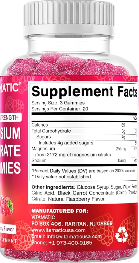 Vitamatic Extra Strength Magnesium Gummies – 255 mg (Elemental Magnesium) per Serving – 60 Vegan Gummies Supports Relaxation, Muscle & Nerve Function, Bone Health & Energy Production