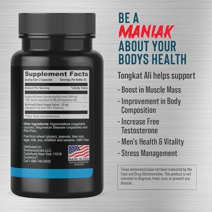 Longjack Tongkat Ali Capsules for Men High Potency 100:1 Extract, 1000mg Per Serving, Herbal Supplement, 60 Capsules